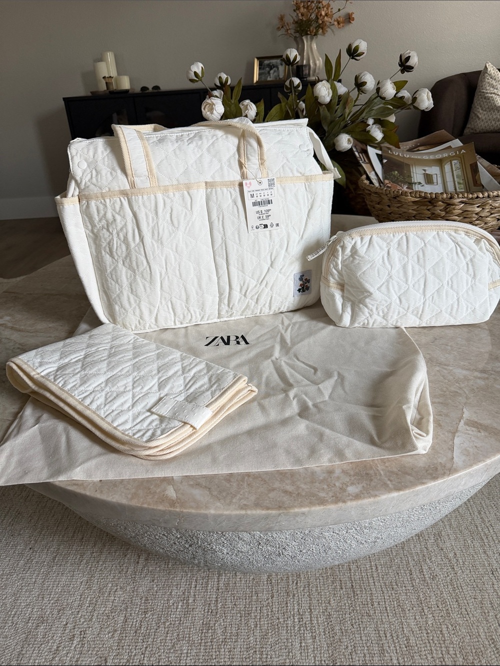 Zara Quilted Cream Diaper Tote with Pouch & Changing Pad